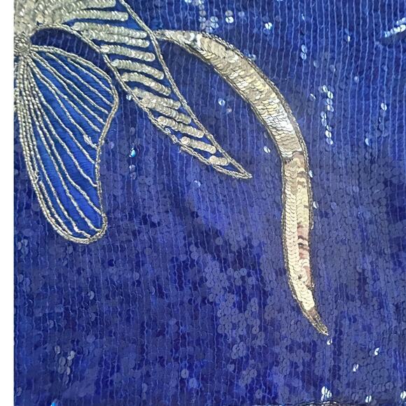 Vintage JLB 100% Silk Sequin Blue Silver Short Sleeve Top Blouse Womens Sz Large - Picture 6 of 10